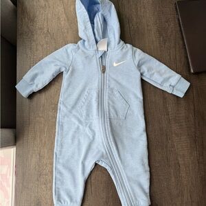 Nike Baby Hooded Zip Romper in Light Blue with White Swoosh
